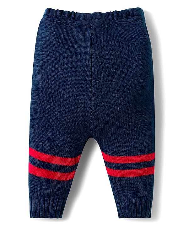 Babyhug Knitted Full Sleeves Striped Sweater Set With Cap & Booties - Navy Blue Red & White