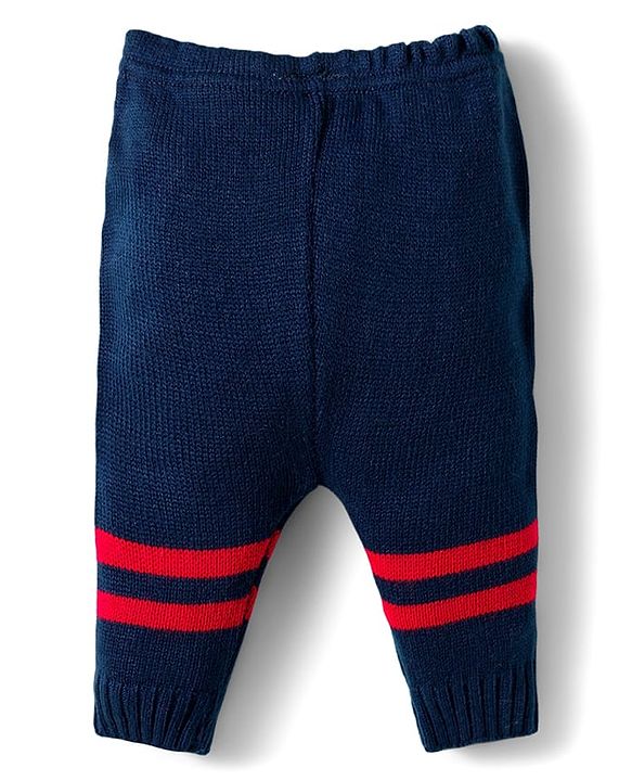 Babyhug Knitted Full Sleeves Striped Sweater Set With Cap & Booties - Navy Blue Red & White