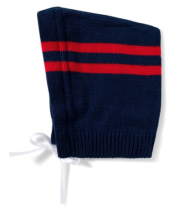 Babyhug Knitted Full Sleeves Striped Sweater Set With Cap & Booties - Navy Blue Red & White
