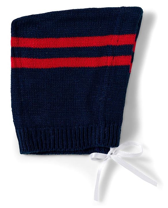 Babyhug Knitted Full Sleeves Striped Sweater Set With Cap & Booties - Navy Blue Red & White