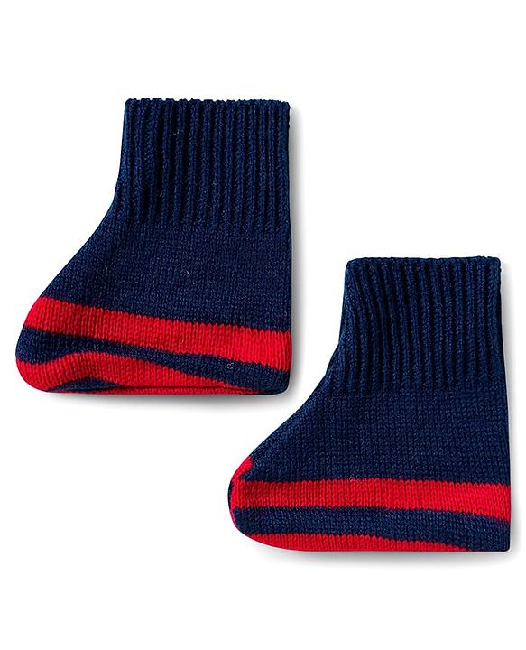 Babyhug Knitted Full Sleeves Striped Sweater Set With Cap & Booties - Navy Blue Red & White