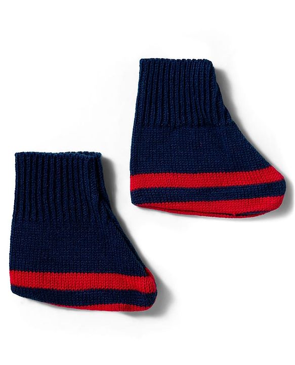 Babyhug Knitted Full Sleeves Striped Sweater Set With Cap & Booties - Navy Blue Red & White