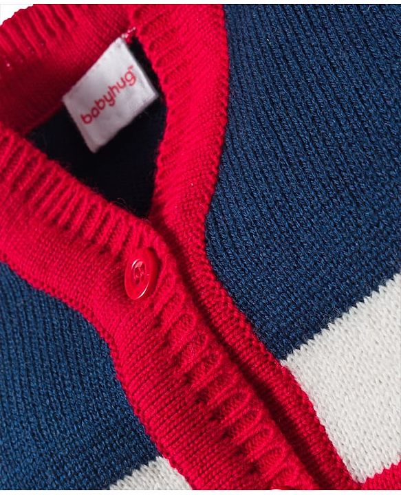 Babyhug Knitted Full Sleeves Striped Sweater Set With Cap & Booties - Navy Blue Red & White