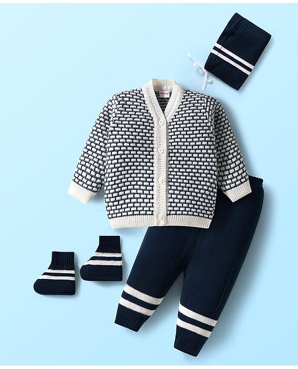 Babyhug Knitted Full Sleeves Front Open Sweater Set With Cap & Booties - Navy Blue & White