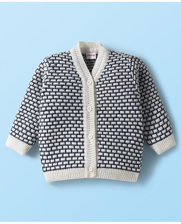Babyhug Knitted Full Sleeves Front Open Sweater Set With Cap & Booties - Navy Blue & White