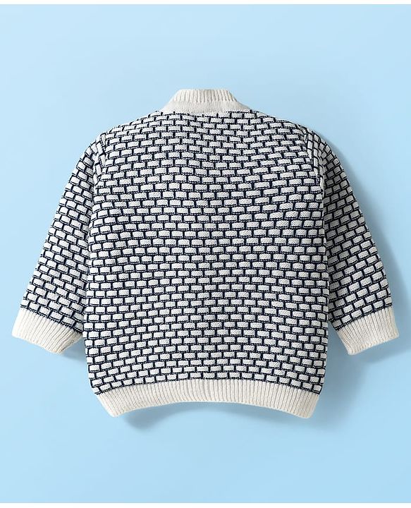Babyhug Knitted Full Sleeves Front Open Sweater Set With Cap & Booties - Navy Blue & White