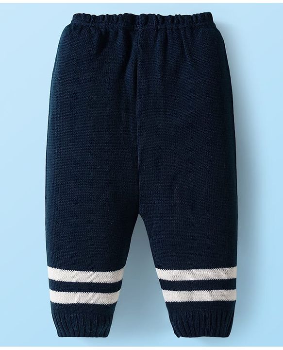 Babyhug Knitted Full Sleeves Front Open Sweater Set With Cap & Booties - Navy Blue & White
