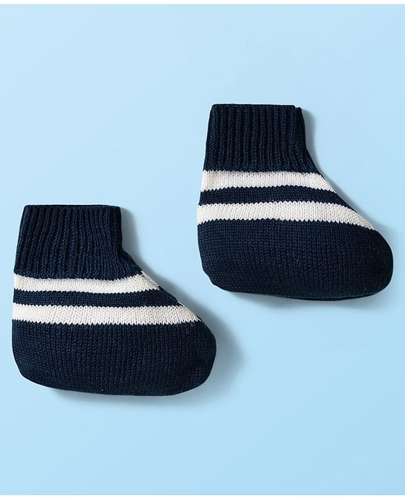 Babyhug Knitted Full Sleeves Front Open Sweater Set With Cap & Booties - Navy Blue & White