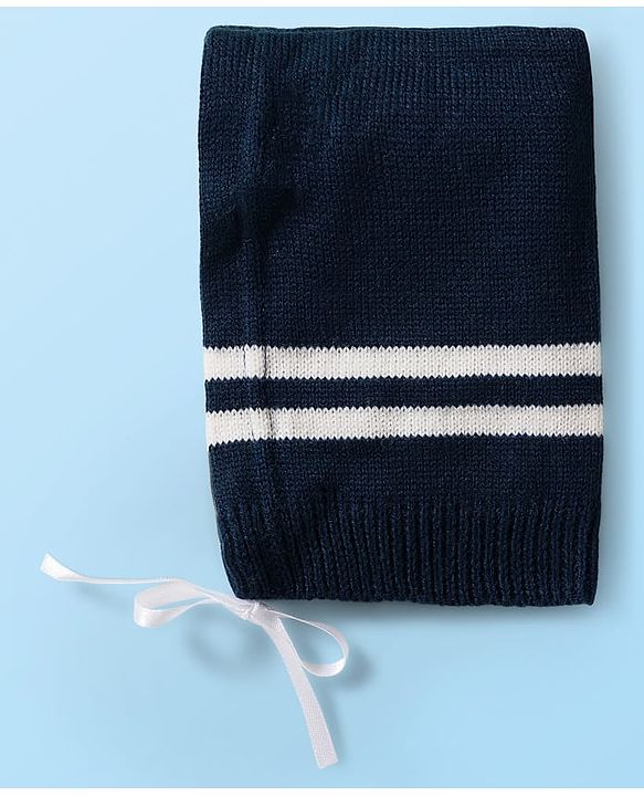 Babyhug Knitted Full Sleeves Front Open Sweater Set With Cap & Booties - Navy Blue & White
