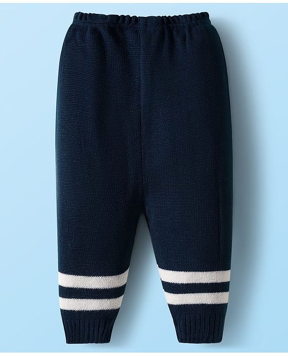 Babyhug Knitted Full Sleeves Front Open Sweater Set With Cap & Booties - Navy Blue & White