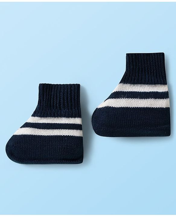 Babyhug Knitted Full Sleeves Front Open Sweater Set With Cap & Booties - Navy Blue & White