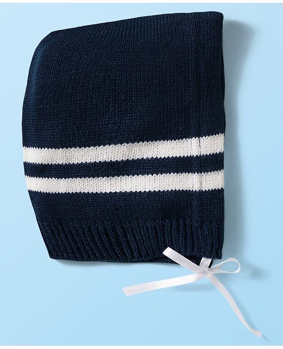 Babyhug Knitted Full Sleeves Front Open Sweater Set With Cap & Booties - Navy Blue & White