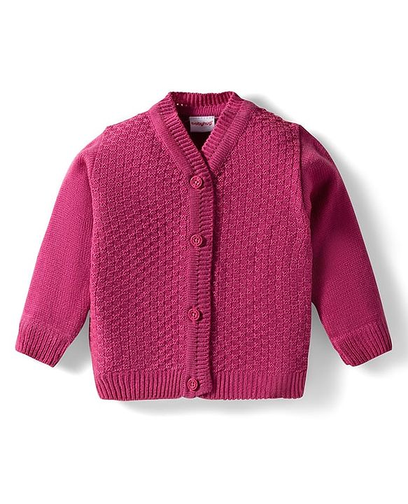 Babyhug Knit Full Sleeves Solid Color Front Open Sweater Set with Pair of Mittens & Cap - Dark Pink