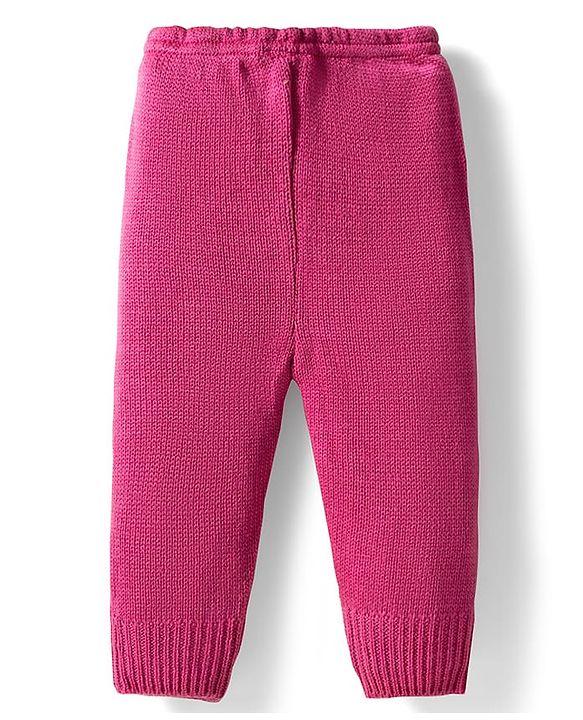 Babyhug Knit Full Sleeves Solid Color Front Open Sweater Set with Pair of Mittens & Cap - Dark Pink