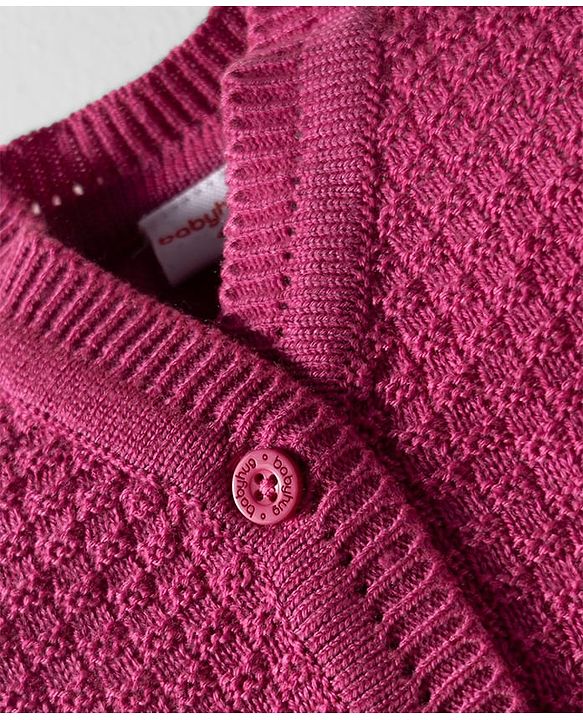 Babyhug Knit Full Sleeves Solid Color Front Open Sweater Set with Pair of Mittens & Cap - Dark Pink