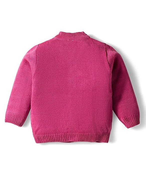 Babyhug Knit Full Sleeves Solid Color Front Open Sweater Set with Pair of Mittens & Cap - Dark Pink
