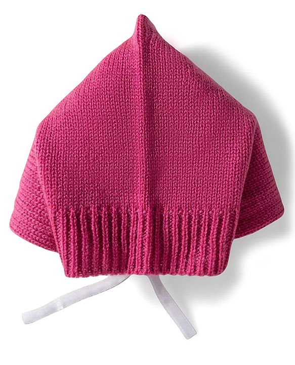 Babyhug Knit Full Sleeves Solid Color Front Open Sweater Set with Pair of Mittens & Cap - Dark Pink