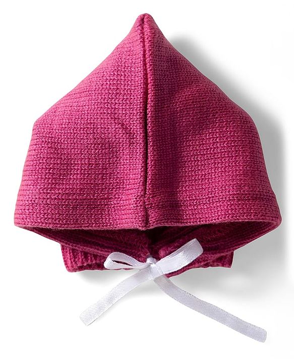 Babyhug Knit Full Sleeves Solid Color Front Open Sweater Set with Pair of Mittens & Cap - Dark Pink