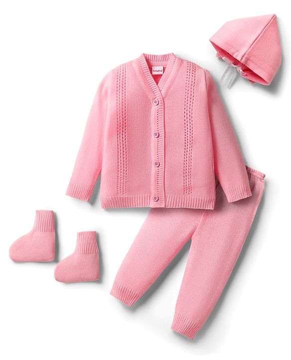 Babyhug Knitted Full Sleeves Solid Sweater Set With Cap & Mittens - Pink