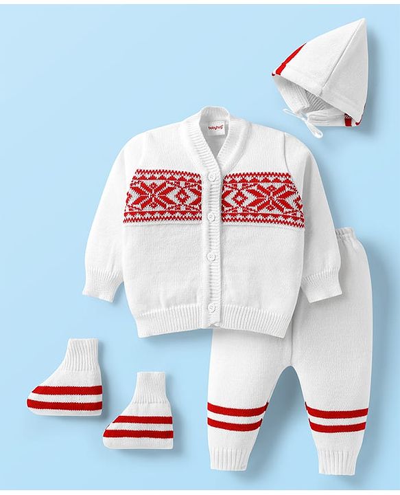 Babyhug Knit Full Sleeves Front Open Sweater Set with Fair Isle Design Booties & Cap with Knot - White & Red