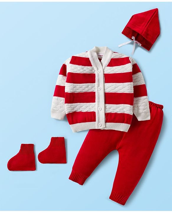 Babyhug Knitted Full Sleeves Striped Sweater Set With Cap & Booties - Red