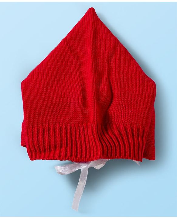 Babyhug Knitted Full Sleeves Striped Sweater Set With Cap & Booties - Red