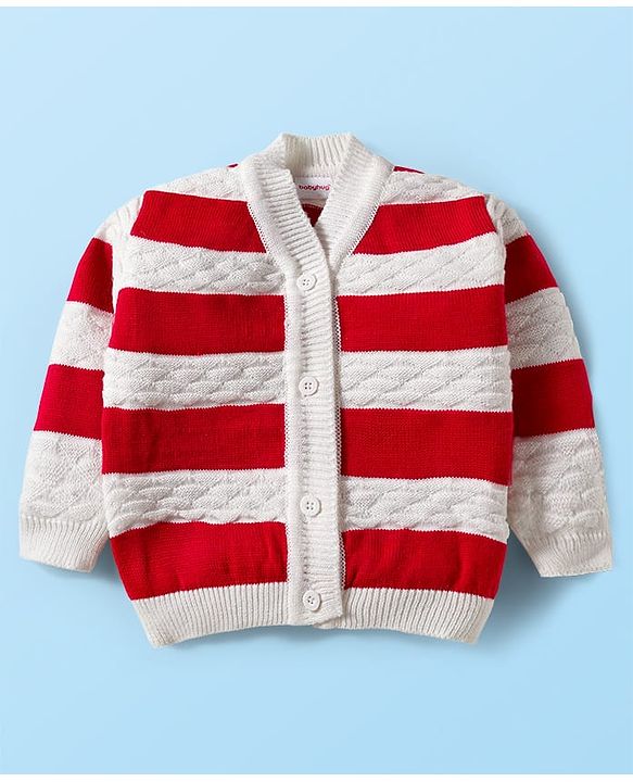 Babyhug Knitted Full Sleeves Striped Sweater Set With Cap & Booties - Red