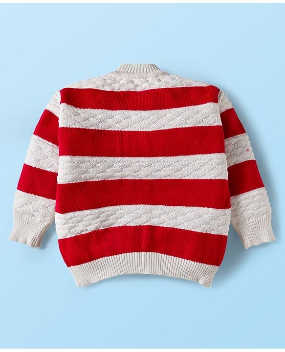 Babyhug Knitted Full Sleeves Striped Sweater Set With Cap & Booties - Red