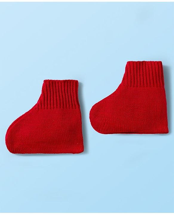 Babyhug Knitted Full Sleeves Striped Sweater Set With Cap & Booties - Red