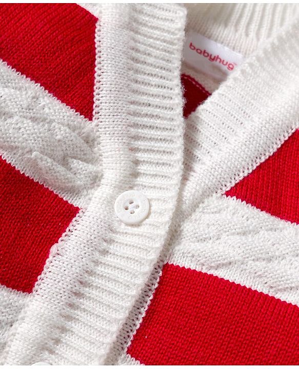 Babyhug Knitted Full Sleeves Striped Sweater Set With Cap & Booties - Red