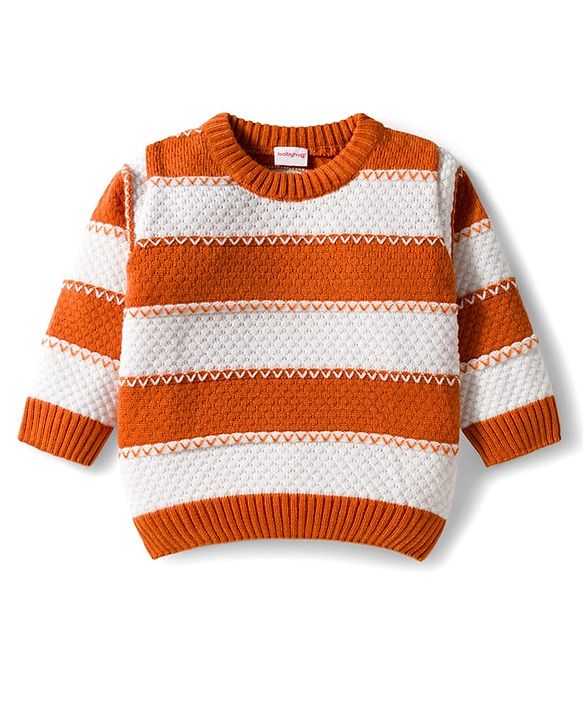 Babyhug Knit Full Sleeves Pullover Sweater with Color Block Stripe Design - Brown & White