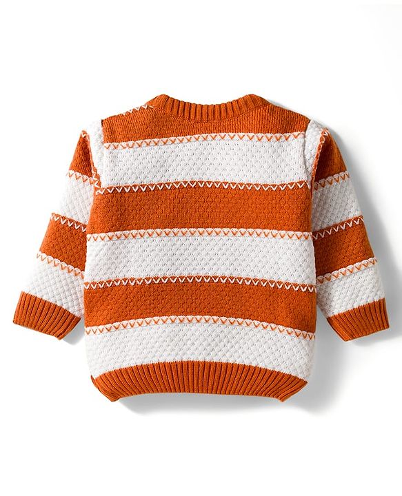 Babyhug Knit Full Sleeves Pullover Sweater with Color Block Stripe Design - Brown & White