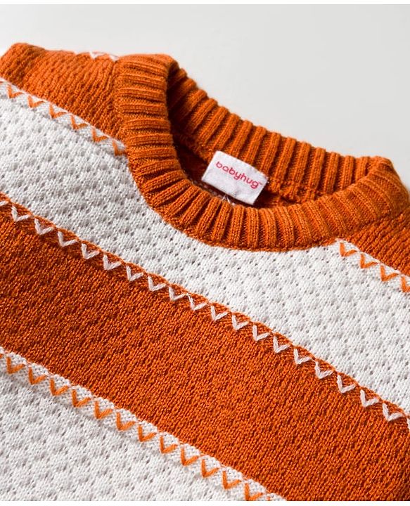 Babyhug Knit Full Sleeves Pullover Sweater with Color Block Stripe Design - Brown & White