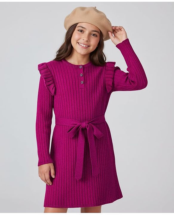 Pine Kids Knitted Full Sleeves Solid Ribbed Woollen Dress With Fabric Belt - Dark Pink