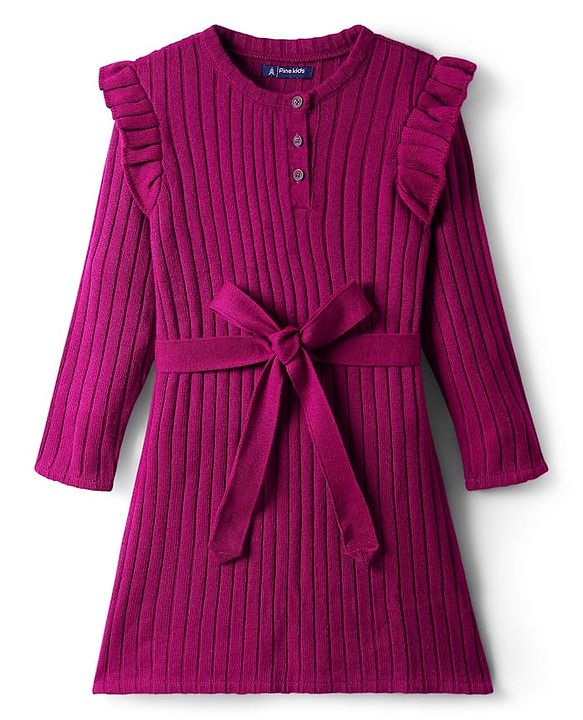 Pine Kids Knitted Full Sleeves Solid Ribbed Woollen Dress With Fabric Belt - Dark Pink