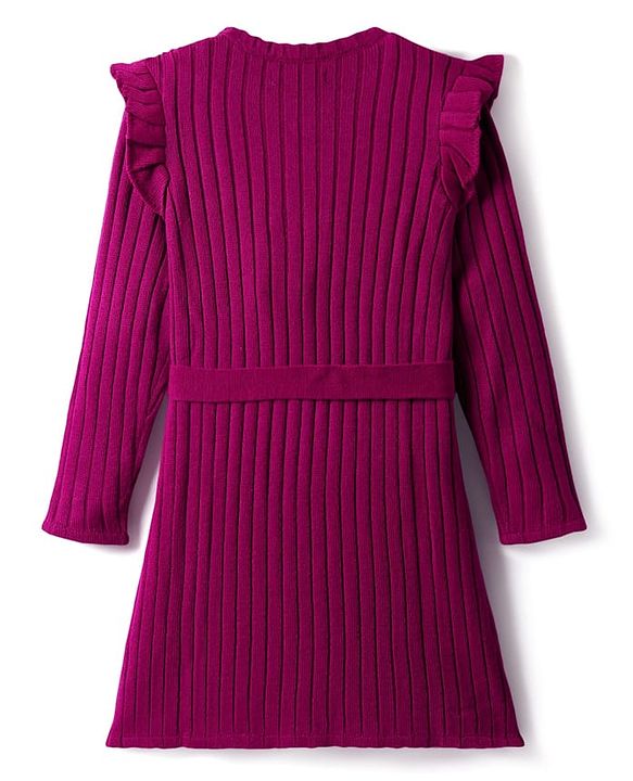 Pine Kids Knitted Full Sleeves Solid Ribbed Woollen Dress With Fabric Belt - Dark Pink