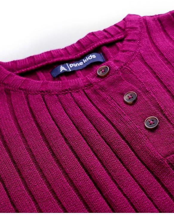 Pine Kids Knitted Full Sleeves Solid Ribbed Woollen Dress With Fabric Belt - Dark Pink