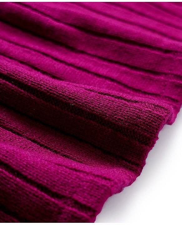 Pine Kids Knitted Full Sleeves Solid Ribbed Woollen Dress With Fabric Belt - Dark Pink