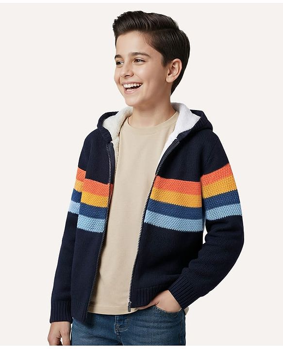 Pine Kids Knit Full Sleeves Front Open Hooded Sweater with Stripes - Navy Blue