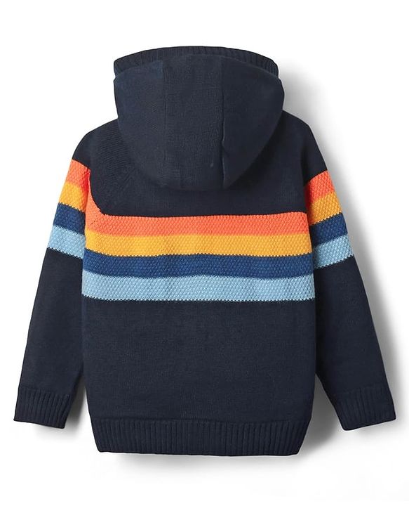 Pine Kids Knit Full Sleeves Front Open Hooded Sweater with Stripes - Navy Blue