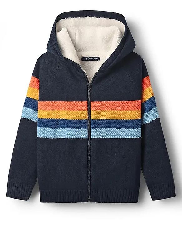 Pine Kids Knit Full Sleeves Front Open Hooded Sweater with Stripes - Navy Blue