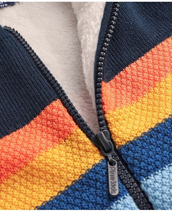 Pine Kids Knit Full Sleeves Front Open Hooded Sweater with Stripes - Navy Blue