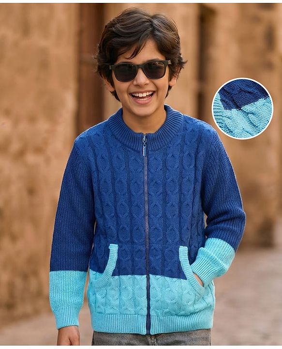 Pine Kids Knit Full Sleeves Front Open Sweater with Kangaroo Pocket & Cable Knit Design - Blue