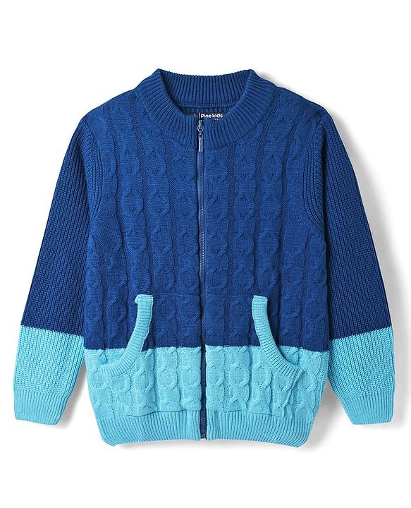 Pine Kids Knit Full Sleeves Front Open Sweater with Kangaroo Pocket & Cable Knit Design - Blue