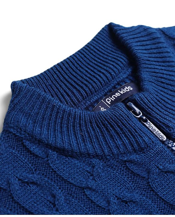 Pine Kids Knit Full Sleeves Front Open Sweater with Kangaroo Pocket & Cable Knit Design - Blue