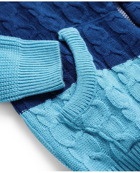 Pine Kids Knit Full Sleeves Front Open Sweater with Kangaroo Pocket & Cable Knit Design - Blue