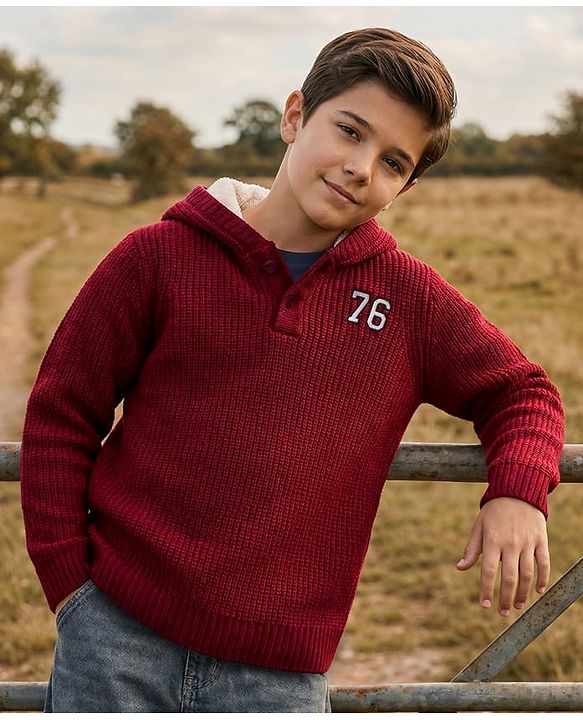 Pine Kids Knit Full Sleeves Hooded Sweater with Number Patch - Dark Red
