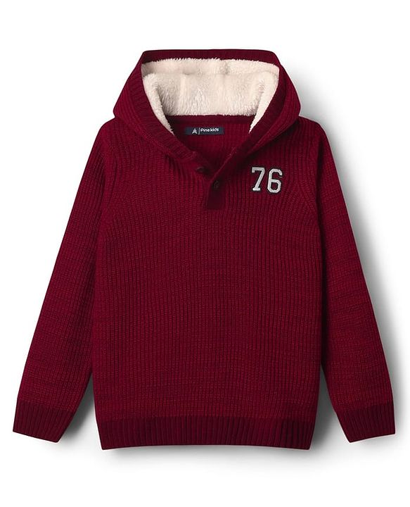 Pine Kids Knit Full Sleeves Hooded Sweater with Number Patch - Dark Red