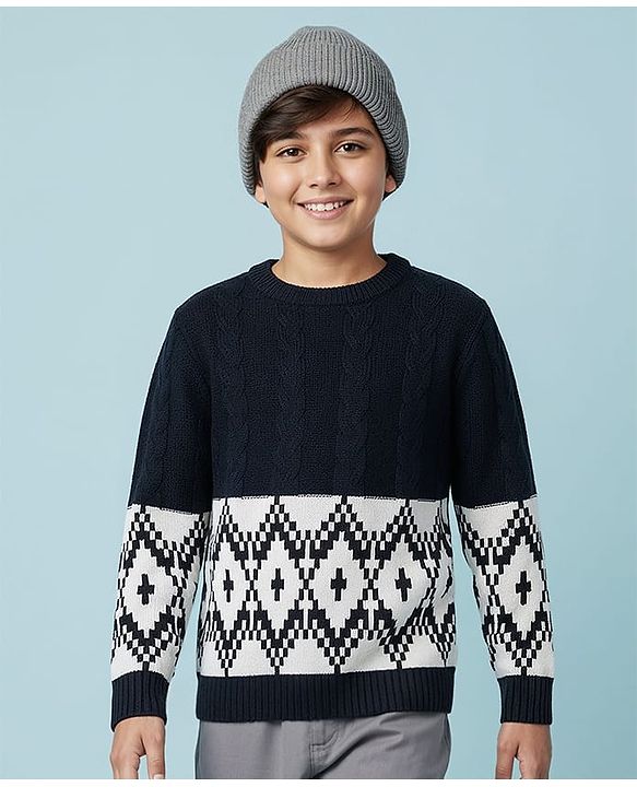 Pine Kids Knit Full Sleeves Pullover Sweater With Cable Knit & Argyle Design - Navy Blue