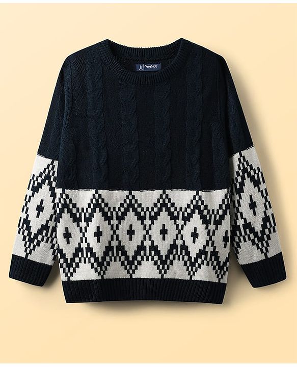 Pine Kids Knit Full Sleeves Pullover Sweater With Cable Knit & Argyle Design - Navy Blue